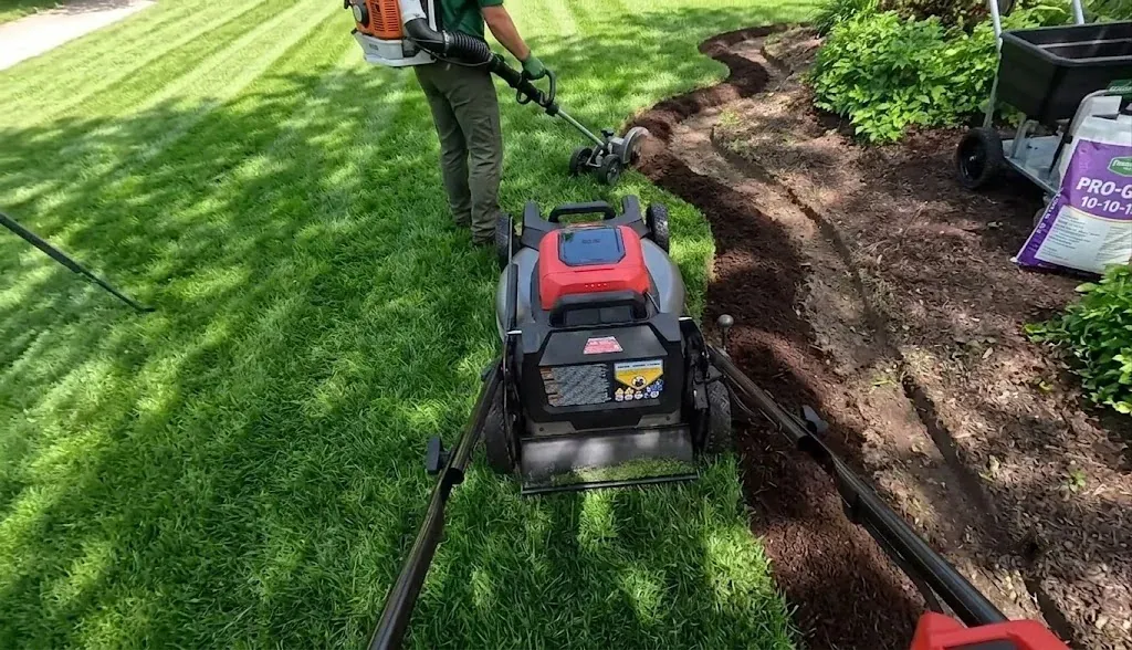 Crew with a mower and edger maintaining a residential lawn in Aiken