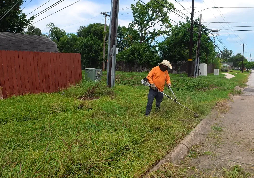 Crew member string-trimming overgrown grass along a fence line